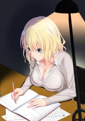 Rule 34 | 1girl, blonde hair, blue eyes, book, breast rest, breasts, cardigan, cleavage, collarbone, desk lamp, highres, lamp, large breasts, long sleeves, mechanical pencil, open book, original, parted lips, pencil, short hair, solo, studying, zaregoto tsukai no deshi