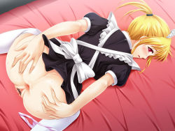 Rule 34 | 1girl, anus, apron, ass, ass grab, bad id, bad pixiv id, bed sheet, blonde hair, censored, grabbing own ass, looking back, m maitake, maid, maid apron, maid headdress, original, panties, panties around leg, pussy, red eyes, short ponytail, solo, spread anus, spread ass, thighhighs, top-down bottom-up, underwear, white thighhighs