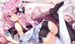 Rule 34 | 1girl, ahoge, animal ear fluff, animal ears, ass, asymmetrical legwear, bare shoulders, black shirt, black shorts, black thighhighs, bow, breasts, camisole, cat ears, crop top, dolphin shorts, feet, grey jacket, hair bow, highres, holding, jacket, legs up, long hair, long sleeves, looking at viewer, looking back, lying, micro shorts, midriff, midriff peek, mismatched legwear, nintendo switch, no shoes, nyatasha nyanners, nyatasha nyanners (1st costume), off shoulder, on stomach, open clothes, open jacket, pink hair, purple eyes, shirt, shorts, sleeveless, sleeveless shirt, small breasts, solo, spaghetti strap, squchan, the pose, thighhighs, virtual youtuber, vshojo, white thighhighs