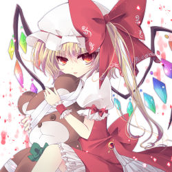 Rule 34 | 1girl, bandages, blonde hair, bow, hugging doll, dress, flandre scarlet, hat, hat bow, highres, imari yuka, long hair, looking at viewer, mob cap, hugging object, puffy short sleeves, puffy sleeves, red dress, red eyes, shirt, short sleeves, side ponytail, slit pupils, solo, stuffed animal, stuffed toy, teddy bear, tongue, tongue out, touhou, wings, wrist cuffs