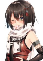 Rule 34 | 10s, 1girl, bad hands, black gloves, black hair, black necktie, brown eyes, candy, elbow gloves, eyebrows, fingerless gloves, food, gloves, hair ornament, kantai collection, keita (tundereyuina), lollipop, mouth hold, necktie, scarf, sendai (kancolle), sendai kai ni (kancolle), short hair, solo, twintails, two side up, upper body, white scarf