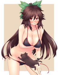 Rule 34 | 1girl, :d, ao banana, bikini, bikini pull, blush, bottomless, breasts, brown eyes, brown hair, cat, censored, clothes pull, convenient censoring, covered erect nipples, female focus, highres, jpeg artifacts, kaenbyou rin, kaenbyou rin (cat), large breasts, long hair, looking at viewer, necktie, no wings, open mouth, red eyes, reiuji utsuho, side-tie bikini bottom, smile, striped necktie, striped neckwear, swimsuit, tan, tanline, touhou, untied, very long hair