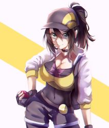 Rule 34 | 10s, 1girl, arm at side, backpack, bag, baseball cap, belt, black gloves, black hair, black hat, black shorts, blue eyes, breasts, brown hair, choker, chromatic aberration, cleavage, closed mouth, collarbone, contrapposto, covered navel, cowboy shot, creatures (company), cropped jacket, female protagonist (pokemon go), fingerless gloves, game freak, gankami, gloves, green eyes, hair between eyes, hand on own hip, hat, holding, holding poke ball, hood, hood down, hooded jacket, jacket, large breasts, long hair, long sleeves, looking at viewer, nintendo, poke ball, pokemon, pokemon go, ponytail, shorts, simple background, skin tight, sleeves past elbows, smile, solo, standing, white background, white jacket