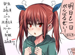 Rule 34 | 1girl, puff of air, blush, box, brown hair, cardboard box, hands up, hood, hoodie, long hair, monitor, open mouth, original, red eyes, sidelocks, simple background, solo, speech bubble, tai (nazutai), triangle mouth, twintails, upper body, white background