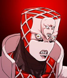 Rule 34 | c-7 (assate), clenched teeth, gradient background, jojo no kimyou na bouken, king crimson (stand), no humans, portrait, red background, solo, stand (jojo), teeth, vento aureo