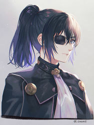 Rule 34 | 1boy, ascot, black hair, black jacket, blue eyes, closed mouth, commentary request, cropped torso, eyepatch, grey background, hair between eyes, highres, jacket, long hair, looking at viewer, male focus, military, military uniform, noah (xenoblade), oas, one eye covered, ponytail, simple background, solo, twitter username, uniform, white ascot, xenoblade chronicles (series), xenoblade chronicles 3