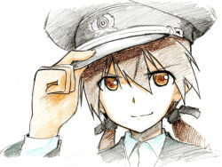 Rule 34 | 1girl, bad id, bad pixiv id, black ribbon, brown eyes, brown hair, gertrud barkhorn, hair ribbon, hand on headwear, hat, jacket, long hair, long sleeves, military, military uniform, peaked cap, ribbon, shiratama (hockey), simple background, smile, solo, strike witches, traditional media, twintails, uniform, white background, world witches series