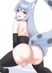 Rule 34 | 1boy, absurdres, animal ear fluff, animal ears, artist request, ass, blue eyes, blue hair, blush, cat ears, cat tail, choker, commission, commissioner upload, elbow gloves, erection, fang, from behind, functionally nude, gloves, highres, kneeling, lingerie, long hair, looking at viewer, looking back, male focus, open mouth, penis, perineum, simple background, solo, spots, tail, tareme, testicles, thighhighs, trap, underwear, very long hair, white background