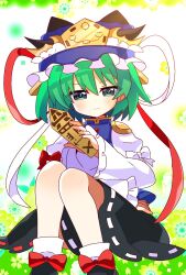Rule 34 | 1girl, black footwear, black skirt, blue hat, blue vest, bow, closed mouth, commentary, footwear bow, frilled hat, frills, full body, green eyes, green hair, hat, hat ribbon, highres, juliet sleeves, knees up, long sleeves, looking at viewer, puffy sleeves, ribbon, ribbon-trimmed skirt, ribbon trim, rinrin (rinrinillust), rod of remorse, shiki eiki, short hair, sitting, skirt, socks, solo, touhou, vest, white socks