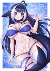Rule 34 | 1girl, ahoge, animal ears, bikini, black hair, blue bikini, blue collar, body markings, breasts, cetacean tail, cleavage, collar, criss-cross halter, fins, fish tail, halterneck, heart, heart-shaped pupils, heart ahoge, highres, huge breasts, indie virtual youtuber, long hair, multicolored hair, one-piece swimsuit, orca girl, purple eyes, see-through swimsuit, sevie, shrimp, shylily, shylily (3rd costume), shylily (bikini), single thighhigh, solo, streaked hair, swimsuit, symbol-shaped pupils, tail, thighhighs, virtual youtuber, white hair, white thighhighs