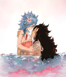 Rule 34 | 1boy, 1girl, black hair, blue hair, couple, eye contact, fairy tail, flower, gajeel redfox, hair flower, hair ornament, highres, levy mcgarden, looking at another, partially submerged, petals, rusky, spiked hair, water
