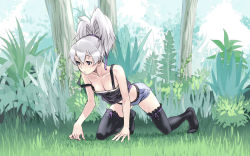 Rule 34 | 1girl, all fours, bare shoulders, black thighhighs, breasts, camisole, cleavage, collarbone, darker than black, day, downblouse, grass, grey eyes, large breasts, no shoes, outdoors, satou atsuki, shorts, silver hair, solo, strap slip, thighhighs, yin (darker than black)