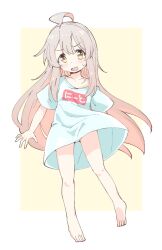 Rule 34 | 1girl, :d, ahoge, bare arms, bare legs, barefoot, collarbone, feet, full body, grey hair, hair between eyes, highres, legs, long hair, looking at viewer, multicolored hair, naegi (naegidokoro), no pants, off shoulder, onii-chan wa oshimai!, open mouth, oversized clothes, oversized shirt, oyama mahiro, panties, pantyshot, pink hair, shirt, short sleeves, simple background, single bare shoulder, smile, solo, t-shirt, underwear, very long hair, white panties, white shirt, yellow background, yellow eyes