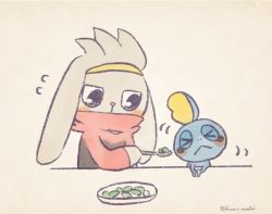 Rule 34 | &gt; &lt;, animal ears, animated, beans, rabbit ears, creatures (company), closed eyes, feeding, game freak, gen 8 pokemon, holding, holding spoon, looking at another, nintendo, no humans, pink background, pokemon, raboot, shaking head, sobble, spoon, table, upper body, video