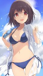 Rule 34 | 1girl, bikini, blue sky, bottle, breasts, brown hair, cleavage, cloud, collarbone, commentary request, dress shirt, female focus, halterneck, highres, looking at viewer, medium breasts, mochigome (ununquadium), open clothes, open mouth, open shirt, original, ramune, red eyes, shirt, short hair, side-tie bikini bottom, sky, smile, solo, splashing, swimsuit, thigh gap, water