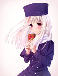 Rule 34 | 1girl, box, capelet, closed mouth, coat, fate/stay night, fate (series), floating hair, gift, gift box, gyatto624, highres, holding, holding box, illyasviel von einzbern, long hair, long sleeves, looking at viewer, purple capelet, purple coat, purple hair, red eyes, scarf, silver hair, simple background, smile, solo, standing, twitter username, valentine, white background, white scarf