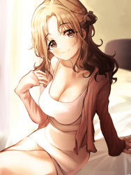 Rule 34 | 1girl, absurdres, alternate costume, arm up, bed, bed sheet, blush, bra strap, breasts, brown hair, cardigan, cleavage, dress, grey dress, hair bun, highres, hiroikara (smhong04), huge filesize, ichikawa hinana, idolmaster, idolmaster shiny colors, large breasts, long sleeves, looking at viewer, on bed, parted bangs, shiny clothes, single bare shoulder, single hair bun, sitting, sleeves past wrists, smile, solo, sunlight, taut clothes, taut dress