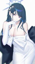 Rule 34 | 1girl, black hair, blue archive, blue eyes, blue hair, blue halo, breasts, choker, cleavage, closed mouth, collarbone, colored inner hair, covered navel, dress, elbow gloves, gloves, halo, highres, large breasts, long hair, looking at viewer, multicolored hair, official alternate costume, saori (dress) (blue archive), simple background, siun, solo, strapless, strapless dress, white background, white choker, white dress, white gloves