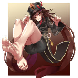 Rule 34 | 1girl, :d, bare legs, barefoot, black hair, black shorts, border, chinese clothes, eiji (eiji), feet, flower, foot focus, foreshortening, full body, genshin impact, ghost, grin, hair between eyes, hat, hat flower, hat ornament, highres, holding, hu tao (genshin impact), long hair, long sleeves, looking at viewer, nail polish, open mouth, red eyes, short shorts, shorts, sidelocks, simple background, smile, soles, toenail polish, toenails, toes, twintails, white background, white border