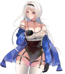 Rule 34 | 1111 one, 1girl, alternate costume, azur lane, bare shoulders, black choker, black gloves, black hairband, black leotard, blue eyes, blue jacket, blush, breasts, choker, cleavage, closed mouth, clothes pull, collarbone, feet out of frame, garter belt, garter straps, gloves, hairband, harness, highres, jacket, jacket pull, leotard, long hair, looking at viewer, mainz (azur lane), medium breasts, open clothes, open jacket, race queen, shirt, solo, standing, thighhighs, thighs, white background, white hair, white shirt, white thighhighs