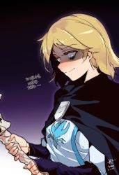 Rule 34 | 1girl, blonde hair, cape, neia baraja, overlord (maruyama), shaded face, short hair, simple background, solo, wrist guards