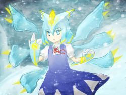 Rule 34 | 1girl, blouse, cirno, claws, collared shirt, creatures (company), dress, fusion, game freak, gen 5 pokemon, kyurem, legendary pokemon, multiple wings, nintendo, pinafore dress, pokemon, pokemon (creature), pun, rae (hexedwithluck), shirt, sleeveless dress, solo, touhou, white shirt, wings