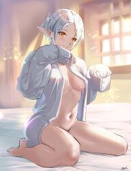 Rule 34 | 1girl, absurdres, ahoge, barefoot, bed sheet, breasts, closed mouth, elf, highres, incredibly absurdres, indoors, kneeling, long hair, looking at viewer, medium breasts, mushoku tensei, navel, open clothes, open shirt, orange eyes, parted bangs, pointy ears, short hair, signature, solo, stomach, sylphiette (mushoku tensei), white hair, window, yujin (kanouyuuto-0423)