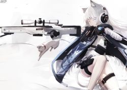 Rule 34 | 1girl, ai arctic warfare, animal, animal ears, awp (girls&#039; frontline) (nekoya (liu)), bandaged arm, bandages, black gloves, blue eyes, bolt action, brown eyes, cat, cat ears, cat girl, cat tail, colored eyelashes, commentary request, dress, girls&#039; frontline, gloves, gun, headphones, heterochromia, highres, holding, holding gun, holding weapon, nekoya (liu), on one knee, original, rifle, shoes, signature, sniper rifle, scope, solo, tail, twitter username, weapon, weapon request, white dress, white footwear