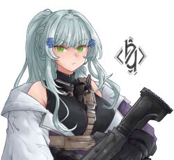 1girl assault_rifle bare_shoulders black_gloves black_shirt breasts clothes_pull cross expressionless girls&#039;_frontline girls&#039;_frontline_2:_exilium gloves green_eyes gun hair_ornament hairclip highres hk416_(girls&#039;_frontline) holding holding_gun holding_weapon iron_cross jacket jacket_pull light_frown long_hair looking_at_viewer medium_breasts off_shoulder orakuru_(oracle_art) ponytail rifle shirt sleeveless sleeveless_shirt solo upper_body very_long_hair weapon white_hair