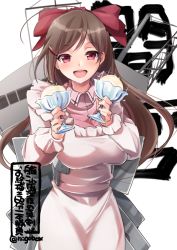 Rule 34 | 1girl, apron, blush, bow, breasts, brown hair, food, hair bow, hair ornament, hair ribbon, hairclip, ice cream, kantai collection, kappougi, large breasts, long hair, looking at viewer, machinery, mamiya (kancolle), n:go, one-hour drawing challenge, open mouth, ponytail, ribbon, smile, solo