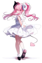 Rule 34 | 1girl, absurdres, aged down, arms behind back, black footwear, blush, bobby socks, commentary, demon girl, demon horns, demon tail, dress, fang, frilled dress, frills, full body, heel up, highres, horns, long hair, looking at viewer, original, parted lips, pink eyes, pink hair, pointy ears, pomu (pomu me), shadow, shoes, short dress, simple background, skin fang, sleeveless, sleeveless dress, smile, socks, solo, standing, tail, twintails, virgin bitch gal, white background, white dress, white socks