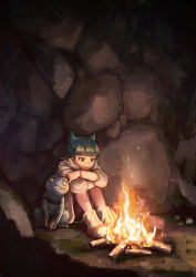 Rule 34 | 1girl, blunt bangs, boots, campfire, closed mouth, coin (pokemon), commentary request, creatures (company), croagunk, crossed arms, fire, game freak, gen 4 pokemon, highres, looking down, nintendo, pantyhose, pink pantyhose, pokemon, pokemon (creature), pokemon legends: arceus, rock, short hair, sitting, tomafuji (mmk tomato)
