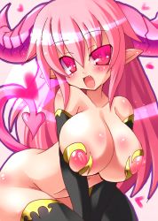 Rule 34 | 1girl, bent over, black gloves, black thighhighs, breasts, demon girl, demon tail, elbow gloves, female focus, gloves, heart, horns, huge breasts, long hair, natsumaru (berudesan), navel, nipples, nude, open mouth, original, pink eyes, pink hair, pink lilith (natsumaru), pointy ears, puffy nipples, solo, tail, thighhighs