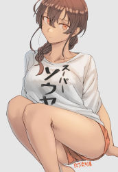 Rule 34 | 1girl, artist logo, artist name, barefoot, blouse, braid, brown hair, closed mouth, clothes writing, collarbone, ergot, feet out of frame, grey background, hair between eyes, highres, kantai collection, long hair, orange eyes, shirt, short sleeves, simple background, single braid, solo, souya (kancolle), white shirt