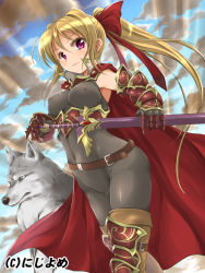 Rule 34 | 1girl, animal, armor, belt, blonde hair, blush, bodysuit, cape, closed mouth, covered navel, female focus, hair ornament, light rays, long hair, looking at viewer, navel, original, pink eyes, ponytail, smile, solo, sunbeam, sunlight, sword, tokinobutt, weapon, wolf