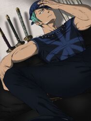 Rule 34 | 1boy, armpit hair, armpit hair peek, bandana, bara, couch, from below, green hair, highres, looking to the side, male focus, on couch, one piece, pants, pinattsu, roronoa zoro, scar, scar across eye, sheath, sheathed, shirt, short hair, sitting, sleeveless, sleeveless shirt, solo, spread legs, toned, toned male, veins, veiny arms