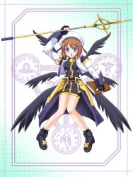 Rule 34 | 00s, 1girl, black wings, blue eyes, blush, book, boots, brown hair, fingerless gloves, gloves, hair ornament, hat, jacket, lyrical nanoha, magical girl, mahou shoujo lyrical nanoha, mahou shoujo lyrical nanoha strikers, murasaki atsushi, open clothes, open jacket, open mouth, schwertkreuz, short hair, skirt, smile, solo, staff, tome of the night sky, waist cape, wings, x hair ornament, yagami hayate