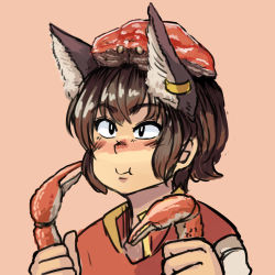 Rule 34 | 1girl, animal ears, black eyes, blush, bright pupils, brown hair, cat ears, chanta (ayatakaoisii), chen, closed mouth, crab claw, crab on head, dress, earrings, eating, food, holding, holding food, jewelry, pink background, red dress, short hair, simple background, single earring, smile, solo, touhou