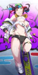 Rule 34 | 1girl, absurdres, bare shoulders, bikini, black hair, black shorts, blue hair, blush, breasts, cleavage, fate/grand order, fate (series), graffiti, green hat, grin, hat, headphones, headphones around neck, highres, jacket, large breasts, long hair, looking at viewer, multicolored hair, navel, off shoulder, open clothes, open jacket, pretty-purin720, red hair, sei shounagon (fate), sei shounagon (swimsuit berserker) (fate), short shorts, shorts, sidelocks, smile, solo, swimsuit, thighs, twintails, visor cap, wall, white bikini, white jacket, yellow eyes