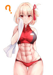 Rule 34 | 1girl, ?, abs, absurdres, alternate muscle size, blonde hair, buruma, hair ribbon, highres, looking at viewer, lycoris recoil, muscular, muscular female, nishikigi chisato, official alternate costume, red eyes, ribbon, shiraiwa usagi, short hair, simple background, solo, sports bikini, sweat, towel, track and field, track uniform, white background, wiping sweat