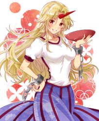 Rule 34 | 1girl, blonde hair, blue skirt, blush, breasts, broken, broken chain, chain, collarbone, commentary, cowboy shot, cuffs, cup, floating hair, grin, hand on own hip, handcuffs, holding, holding cup, horns, hoshiguma yuugi, long hair, looking at viewer, medium breasts, okawa friend, oni horns, parted bangs, red eyes, sakazuki, shippou (pattern), shirt, short sleeves, simple background, single horn, skirt, smile, solo, striped clothes, striped skirt, teeth, touhou, vertical-striped clothes, vertical-striped skirt, white background, white shirt