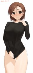 Rule 34 | 1girl, absurdres, asymmetrical bangs, bare legs, black hair, blush, breasts, brown hair, covered erect nipples, covered navel, covering privates, covering crotch, cowboy shot, dated, hair between eyes, highres, holding, holding clothes, holding shirt, idolmaster, idolmaster cinderella girls, large breasts, looking at viewer, mizuki seira, no panties, no pants, onao, shirt, simple background, solo, thighhighs, v-neck, white background