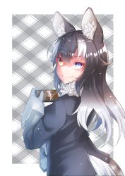Rule 34 | 2girls, absurdres, akuma (st.takuma), animal ear fluff, animal ears, blue eyes, breasts, cellphone, closed eyes, fang, fur collar, gloves, grey wolf (kemono friends), heterochromia, highres, kemono friends, long hair, looking at viewer, looking back, multicolored hair, multiple girls, necktie, phone, skin fang, smartphone, smile, tail, two-tone hair, white gloves, wolf ears, wolf girl, wolf tail, yellow eyes
