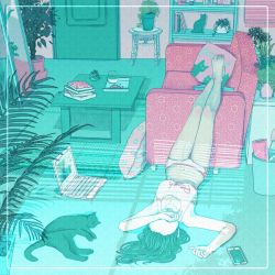 Rule 34 | 1girl, aqua theme, black cat, black hair, bra, cat, computer, couch, covering face, indoors, laptop, leaf, legs up, long hair, original, plant, potted plant, shadow, solo, sports bra, table, underwear, wacca005, white bra