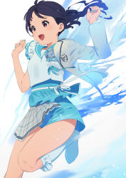 Rule 34 | 1girl, :d, aqua nails, asymmetrical clothes, black hair, blazer, blue bow, blue nails, blue sailor collar, blue shorts, boots, bow, breast pocket, collarbone, commentary, crest, crop top, crotch seam, fang, feet out of frame, frilled boots, frills, fukumaru koito, hands up, highres, idol, idolmaster, idolmaster shiny colors, jacket, kamo kamen, knee boots, layered clothes, long hair, long sleeves, looking away, looking to the side, multicolored clothes, multicolored jacket, nail polish, open mouth, pink eyes, plaid, pocket, ribbon, sailor collar, sailor shirt, school uniform, shirt, short shorts, shorts, skin fang, smile, solo, thighs, two-tone jacket, two-tone shirt, upshorts, white footwear, white jacket, white ribbon