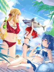 3girls :d absurdres amamiya_kokoro anklet armpits arms_up ass bare_arms bare_legs barefoot beach bikini black_bikini blonde_hair blue_bikini blue_hair blue_sky bottle bow breasts cleavage collarbone crossed_legs cup day drinking drinking_straw facial_mark floating_hair hair_bow highres holding holding_bottle holding_cup inflatable_shark inflatable_toy jewelry lain_paterson luis_cammy medium_breasts multicolored_bikini multicolored_clothes multiple_girls necklace nijisanji ocean open_mouth outdoors profile red_bikini red_bow red_eyes red_hair sarong short_hair side-tie_bikini_bottom sideboob sitting sky smile standing summer swimsuit tojo_(natumi1412) two-tone_bikini virtual_youtuber white_bikini yellow_eyes