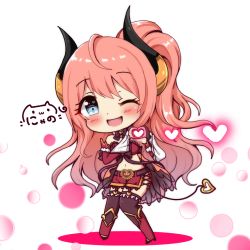 Rule 34 | 1girl, ;d, bare shoulders, belt, black thighhighs, blue eyes, blush, boots, brown belt, chibi, commentary request, curled horns, demon girl, demon tail, detached sleeves, head tilt, heart, heart hands, heart in eye, high ponytail, highres, horns, knee boots, long hair, long sleeves, navel, nyano21, one eye closed, open mouth, pink hair, ponytail, princess connect!, red footwear, red skirt, signature, skirt, smile, solo, suzuna (princess connect!), symbol in eye, tail, thighhighs, thighhighs under boots, very long hair, white background, wide sleeves
