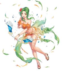 Rule 34 | 1girl, adapted costume, anbe yoshirou, bare shoulders, bikini, bow (weapon), bracelet, breasts, broken, broken weapon, brown eyes, cleavage, collarbone, elincia ridell crimea, fire emblem, fire emblem: path of radiance, fire emblem: radiant dawn, fire emblem heroes, flower, frills, full body, gradient clothes, green hair, hair bun, hair flower, hair ornament, hand on own chest, hibiscus, highres, holding, holding bow (weapon), holding weapon, jewelry, leg up, long hair, looking away, medium breasts, navel, necklace, nintendo, non-web source, off-shoulder bikini, off shoulder, official art, open mouth, parted bangs, puffy short sleeves, puffy sleeves, ribbon, sarong, see-through, short sleeves, solo, stomach, swimsuit, thighs, torn clothes, torn sleeves, transparent background, weapon