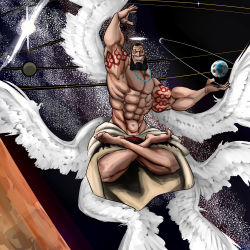 Rule 34 | 1boy, angel, beard, epic, facial hair, gamma ray burst, male focus, manly, moon, muscular, one piece, planet, topless male, solo, space, star (symbol), urouge, wings