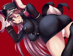 Rule 34 | 1girl, alternate costume, animal ears, ass, bad id, bad pixiv id, bent over, blush, breasts, cream (nipakupa), female focus, gloves, hat, large breasts, light purple hair, long hair, looking at viewer, military, military hat, one eye closed, open mouth, panties, pantyshot, rabbit ears, red background, red eyes, reisen udongein inaba, simple background, smile, solo, touhou, underwear, very long hair, white gloves, white panties, wink